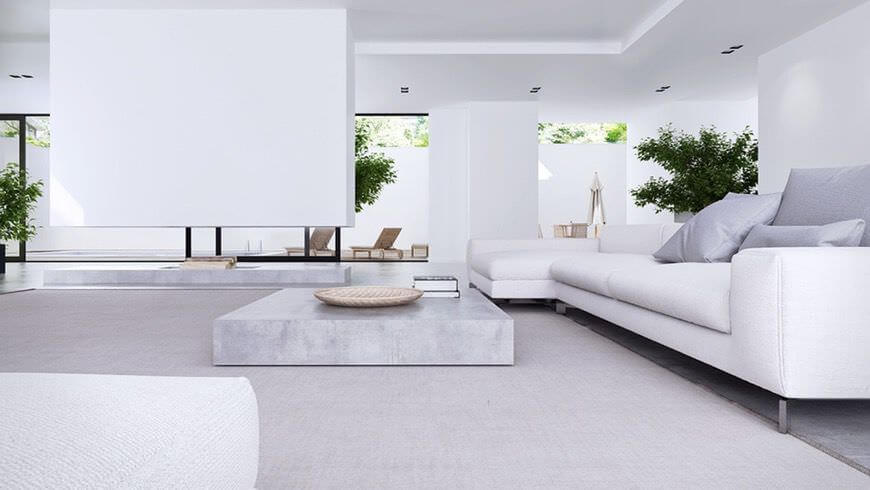 phòng khách tối giản với tông màu trắng