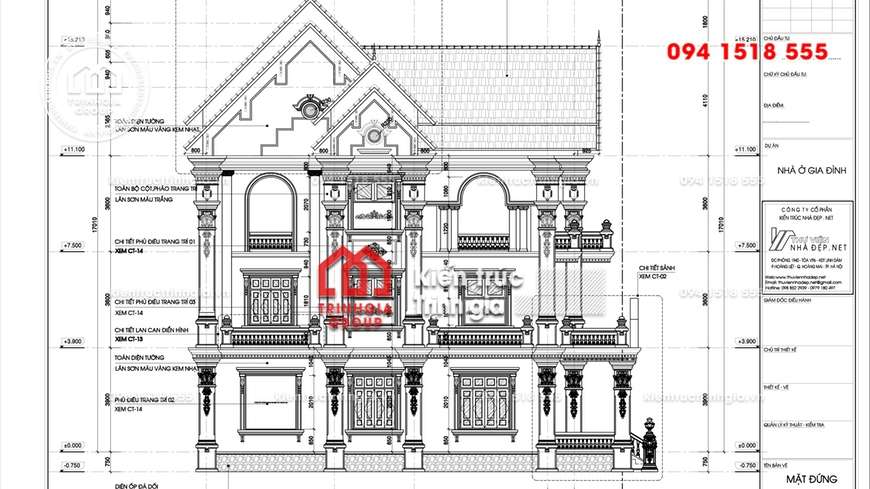 Bản thiết kế biệt thự 3 tầng kiến trúc Pháp cổ điển tinh tế