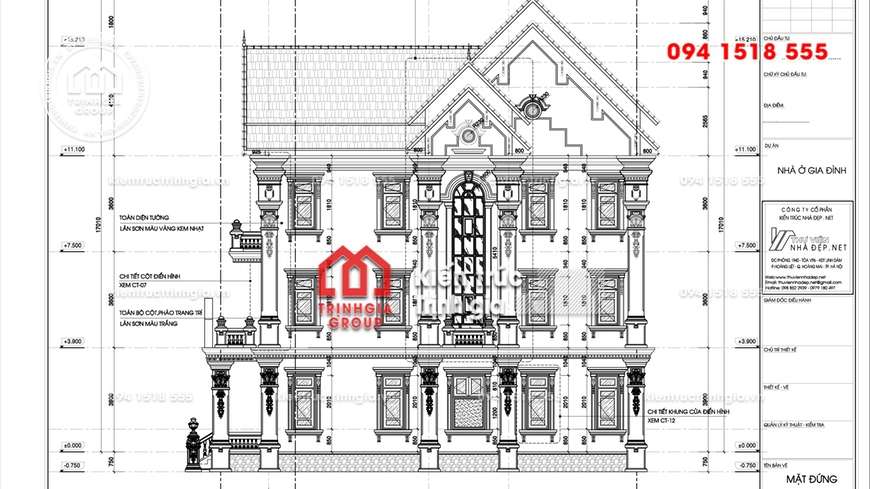 Bản thiết kế biệt thự 3 tầng kiến trúc Pháp cổ điển tinh tế
